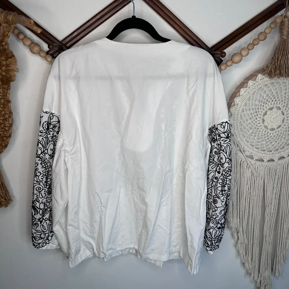 Tory Burch Cotton Poplin Embroidered Long Sleeve Top